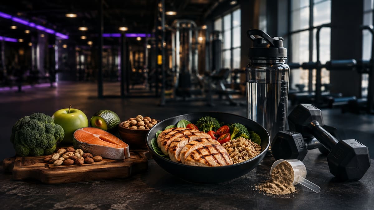 Alimentación y entrenamiento: comida preparada, hábitos y contexto de gimnasio.