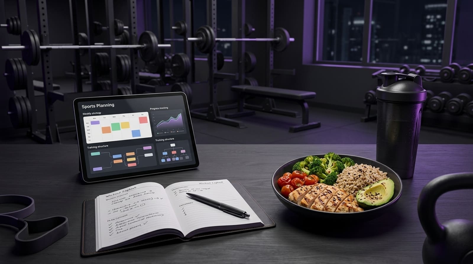Planificación de entrenamiento y nutrición sobre una mesa, con bitácora y entorno de gimnasio.